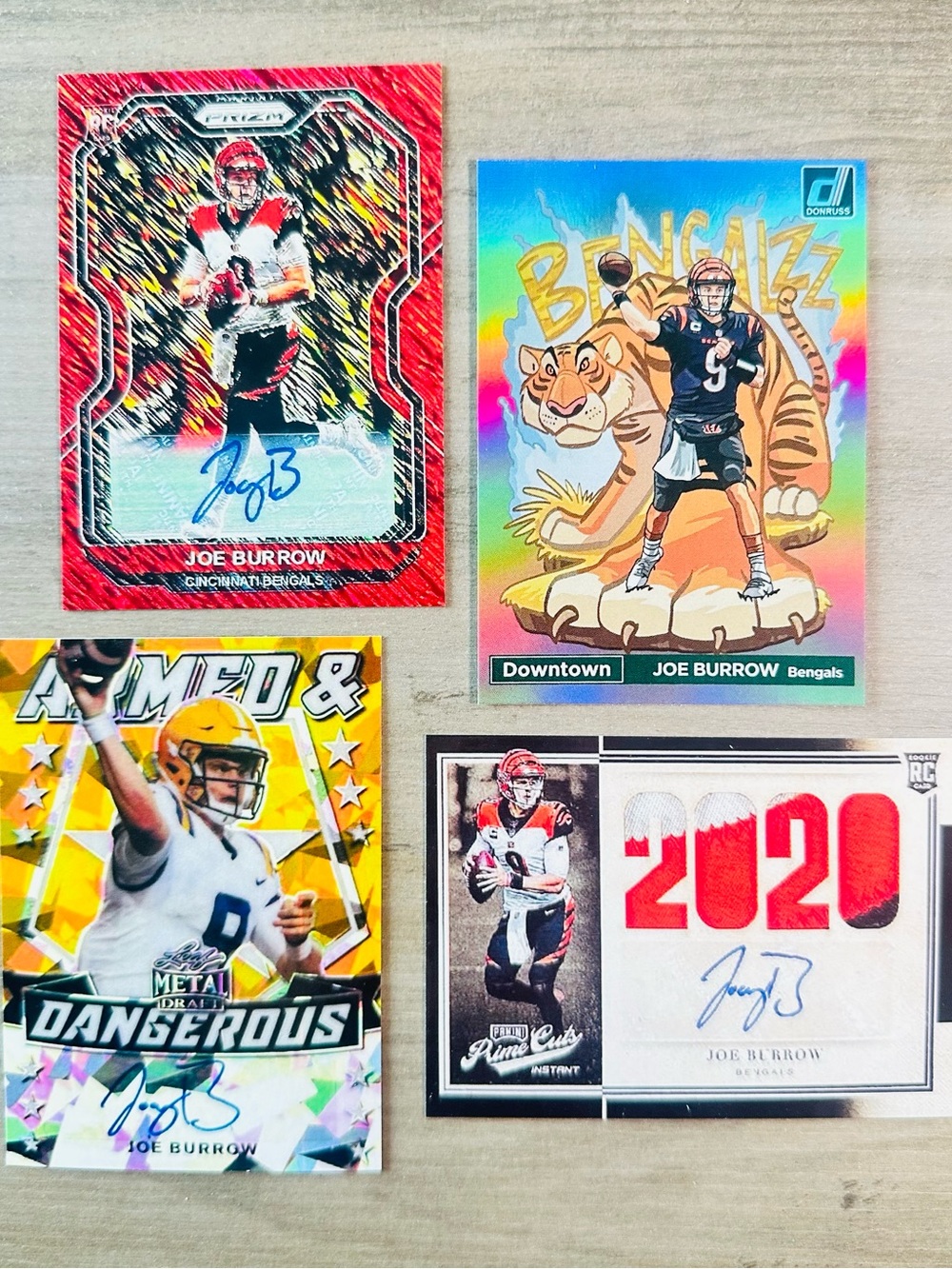 Joe Burrow Signed Rookie Lot of (4) Novelty Football Cards. Cincinnati Bengals.